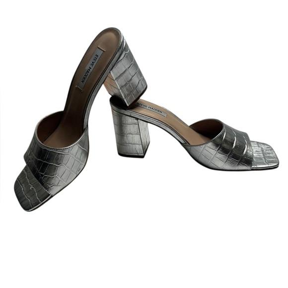 Steve Madden Silver Alaya Heeled Metallic Mules Size 9.5 CrocEmbossed Leather - Picture 6 of 9